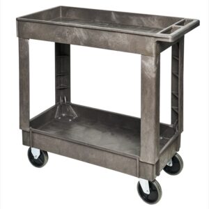 Small Industrial Utility Cart with 2 shelves and molded handles.