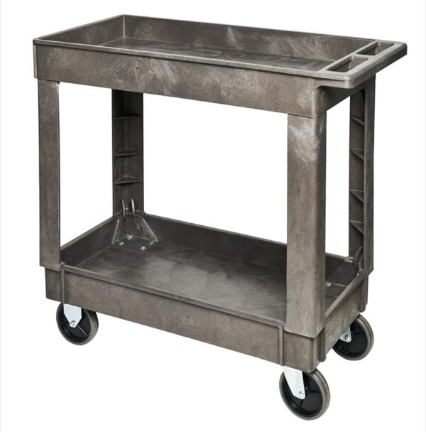 Small Industrial Utility Cart with 2 shelves and molded handles.