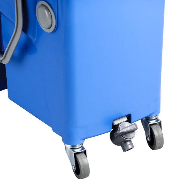 Duo-Chamber Mop Bucket with Speed Wringer includes a draining valve for easy water dumping.
