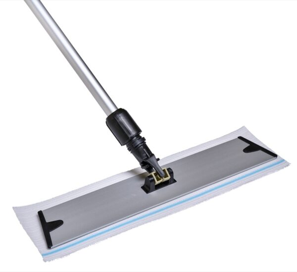 18" Disposable Microfiber Pad with Scrub Strip on an aluminum velcro flat mop frame