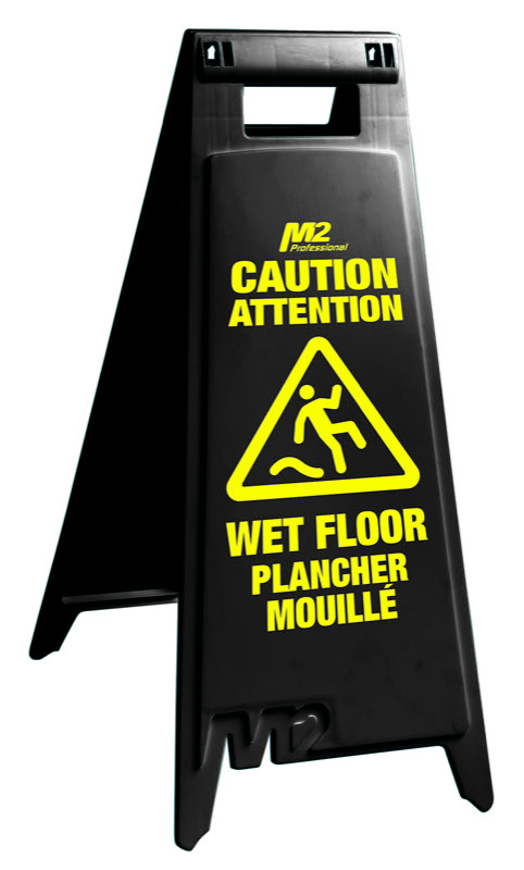 28" Caution Wet Floor Sign - English / Spanish / French - Black