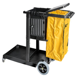 Janitor Cart With Locking Cabinet and yellow collection bag